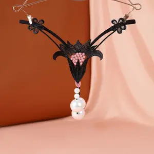 Plus Size Thong Sexy Underwear Women's Extra Large Pearl Massage Crotch-Free European and American Style T-Pants Panties Womenswear Black [D2249 Model]