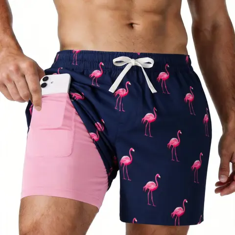 REDESS Men’s Quick-Dry 2-in-1 Drawstring Swim Trunks - Nylon Fabric, Elastic Waistband, Inner Compression Liner, Pocket - Beach Outdoor Wear (Sizes M, XXL)