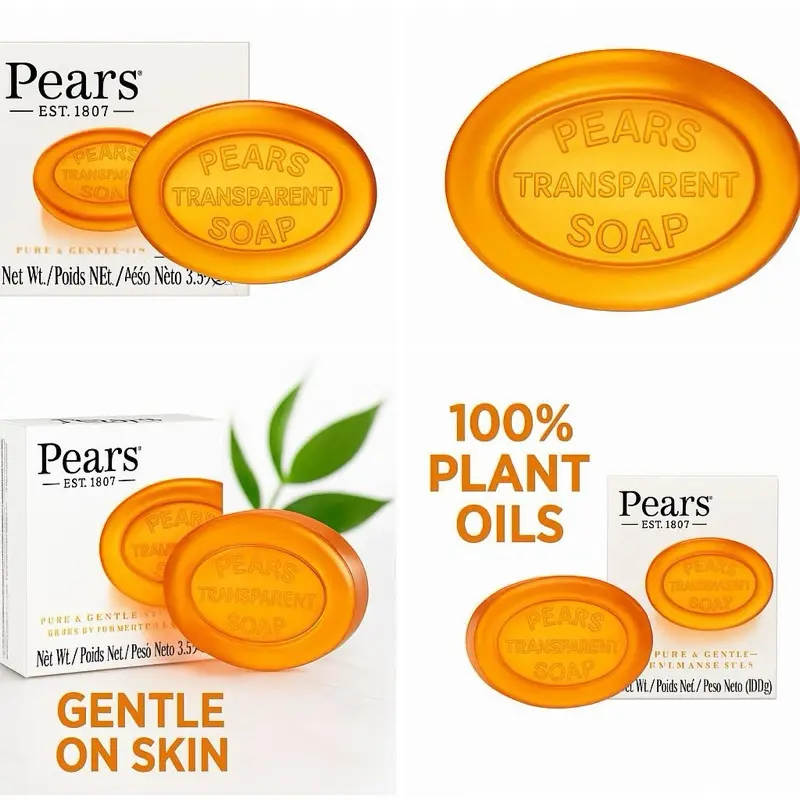 Pears Glycerin Soap, Transparent Amber with Natural Oils,Pure & Gentle Cleanser for Soft, Glowing Skin, 4.4 Oz Ea