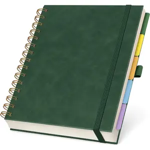 Hardcover Leather Lined Spiral Notebook 8x10" with Removable Dividers - Green - 300 Pages 5 Subject College Ruled Notebook for Work with Tabs, Pockets, and Pen Loop for Note Taking, Large Journal