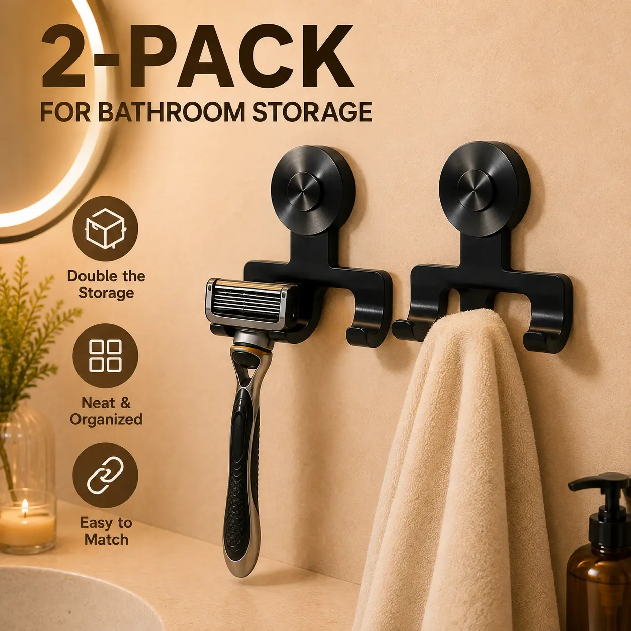 Suction Cup Razor Holder - Black Finish, 2 Pack
