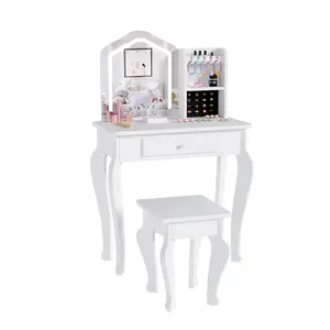 Pink & White Kids Vanity Set with Lighted Mirror and Stool, Toddler Pretend Play Makeup Table with Toy Set for Girls 3-8 Years Old