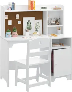 Kids Desk and Chair Set,Study Desk for Kids with Hutch, Storage Cabinet, Wooden Children Study Table, Student Writing Desk Computer Workstation for Kids Bedroom & Study Room,White