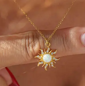 Pave Diamond Castle Sun Opal Pendant Gold, Mother Necklace, Sun Summer Necklace, Sunburst Necklace, Anime Inspired Sun Opal Necklace