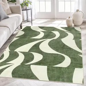Abstract 5x7 Rug,Low-Pile Soft Green Rugs for Living Room,Retro Swirl Indoor Floor Carpet Washable for Dining Room Office Bedroom Entryway Non-Slip (5x7ft,Sage Green)