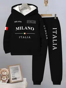 Boys Fashion Letter Pattern 3D Printed Hoodie Set, Sweatpants, Long Sleeve Sports Wear, Spring Fall Winter Outdoor Hoodies, Casual Fitted Sweatshirts
