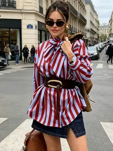 Women Striped Shirt Elegant Women Bow Neck Single Breasted Loose Blouse Casual Female Vintage Printed Long Sleeve Shirts