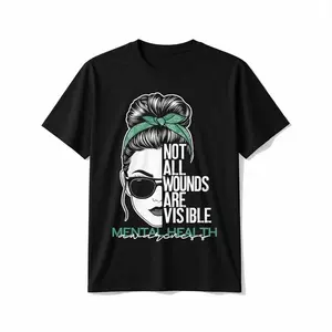 Graphic vintage tee Women's Mental Health Awareness T-Shirt - "Not All Wounds Are Visible" Graphic Tee with Messy Bun & Fashion Glasses Design