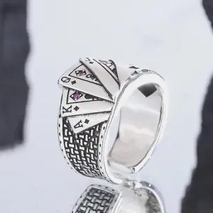 1pc Vintage Distressed Full House Poker Card Design Ring, Unisex