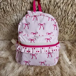 Polka dots ruffle pink bow printed pockets sweet bag toddler girls backpack
