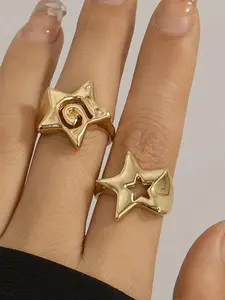 Ladies Ring Set Spiral Hollowed Out Hammer Pattern Pentagonal Star Sea Star Stainless Steel 18k Gold Plated Waterproof And Anti Allergy Charming Ocean Style Fake Matching Geometric Design Ring