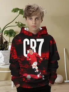 Boys' Hooded Sweatshirt with Player Graphic, Graphic Team Hoodie, Casual Fitted Sportswear for Teenagers, Fall & Winter Fashion, Moderate Fabric Thickness