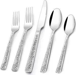 Hammered Silverware Set, 40-Piece Stainless Steel Square Flatware Set for 8, Food-Grade Tableware Cutlery Set, Utensil Sets for Home Restaurant, Mirror Finish, Dishwasher Safe