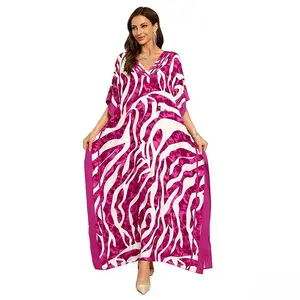 Plus Size Mumu Dresses for Women - Boho Batwing Sleeve Caftan with Side Slits, Long Moo Moo Nightgown & Beach Cover Up - Rose Zebra
