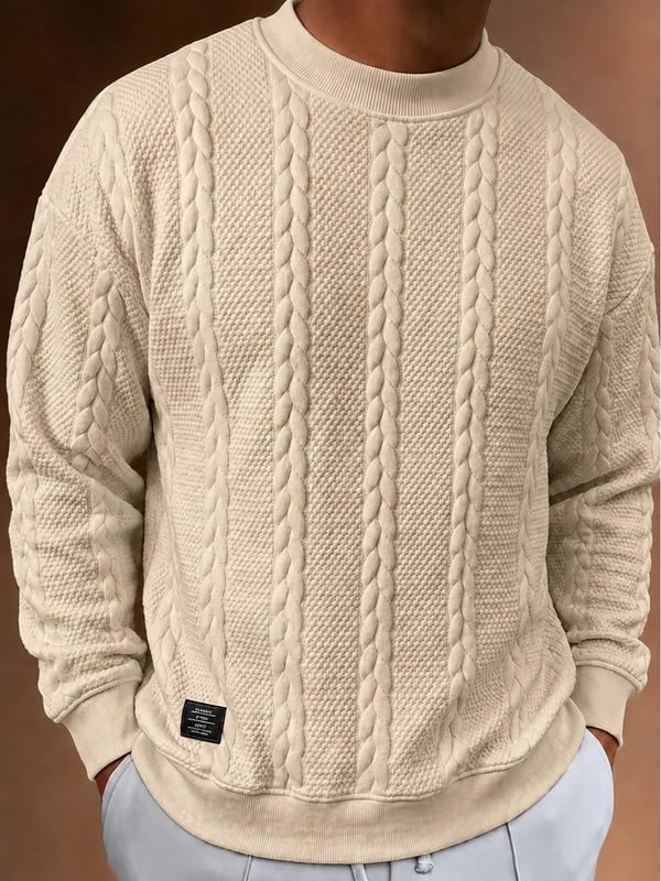 Men’s Jacquard Sweatshirt, Textured Crewneck Pullover, Casual Long Sleeve Top, Stylish Spring Fall Streetwear