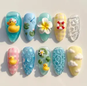 3D Water Droplet Press On Nails Yellow Duck Pool Ocean Wave Ripples Summer Vacation Vibes Nail Set