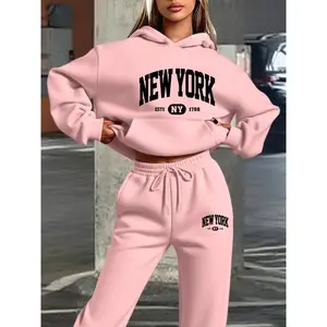 Women's autumn and winter hooded sweatshirt set, printed in New York City, with a casual fit design, comfortable for daily wear