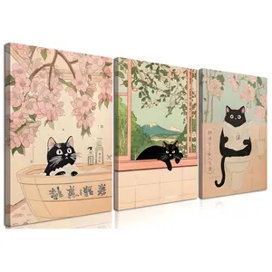Japanese Bathroom Canvas Wall Art Set (3 Pieces) Fun Black Cat Wall Decor Painting, Cute Bathroom Poster Print, Suitable for Bedroom, Toilet, Home Decor bedroom art print bundle vintage movie unframed option pop culture frameless funny toilet museum-quali