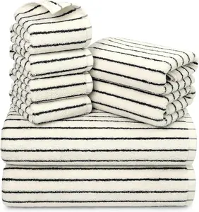 8 Piece Black and White Towel Set, Super Soft & Absorbent Cotton Striped Towels for Bathroom Decor, 2 Bath, 2 Hand, 4 Washcloths