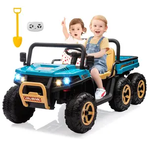 Blue 24V 4WD 6-Wheel All-Terrain Ride-on Dump Truck,2-Seater UTV with Parent Remote Control,Electric Dump Bed & Shovel,Bluetooth Music,LED Headlights for Kids Ages 3-8