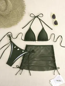 Three-Piece Set Women's Solid Color Bikini Set, Casual Fashion Chic Swimsuit Set for Beach Holiday Vacation, Ladies Swimwear for All Seasons, Bikini Skirt Set