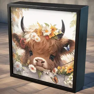 Highland Cow Wooden Box Sign - Rustic Floral & Butterfly Design,6x6 Inch Artificial Wood Decor for Highland Cow Nursery, Home Office, Christmas Holiday Decoration, Cow Decor, Desk Wall Sign