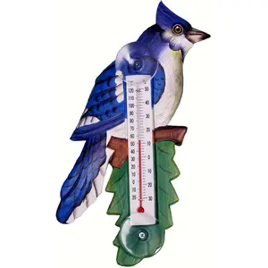 Bobbo from Songbird Essentials Blue Jay on Branch Small Window Thermometer