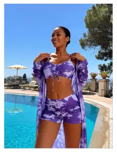 Tie Dye Swimsuit 3 Piece Set - Gradient Purple Bikini with Cover Up & Shorts; Women's Summer Beachwear; Sheer Lightweight Swim Cover-up; Adjustable Drawstring