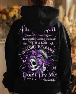 Tameamy Baeall Shop I'm a B With Low Tolerance Hoodie Bold Mom Life Skull Graphic Pullover Unisex Fit Soft Cotton Blend Durable Warm Front Pocket Adjustable Hood
