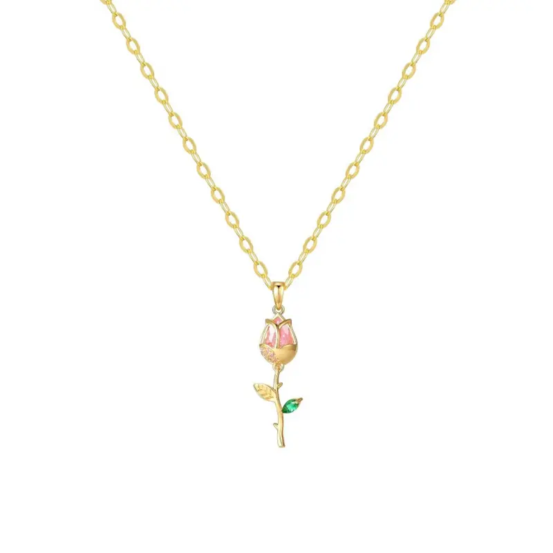 0717-1 Gold Flower Necklaces for Women Cute Cubic Zircon Tulip Flower Pendant Necklace Jewelry 18 inch Chain