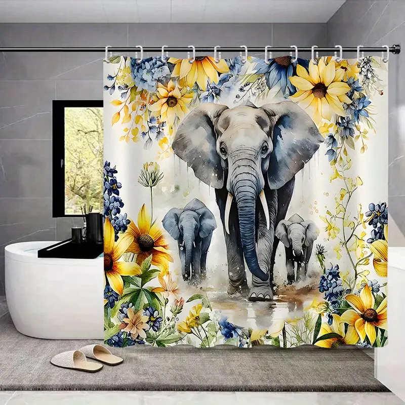 HOT Chic Elephant & Floral Shower Curtain Set With Non-Slip Bath Mat  U-Shaped Toilet Rug  And Lid Cover - Waterproof Polyester Fabric  Includes 12 Hooks - Complete Bathroom Decor Kit