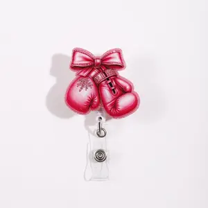 Boxing Glove Retractable Badge Reel with Glitter, Bow Design, Office Supplies ID Card Holder Clip, Perfect for Work Use