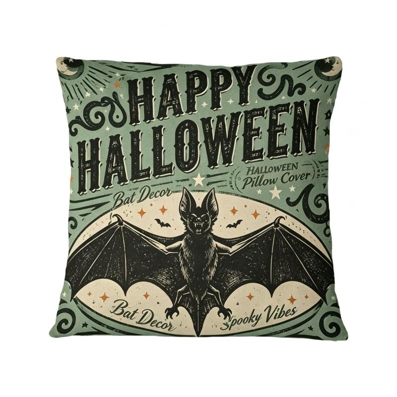 Bat Print Halloween Throw Pillow Cover, Double-Sided Washable Velvet Zipper Pillowcase, Vintage Home Decor, Spooky Gothic Fall Indoor Home Décor Cushion Cover