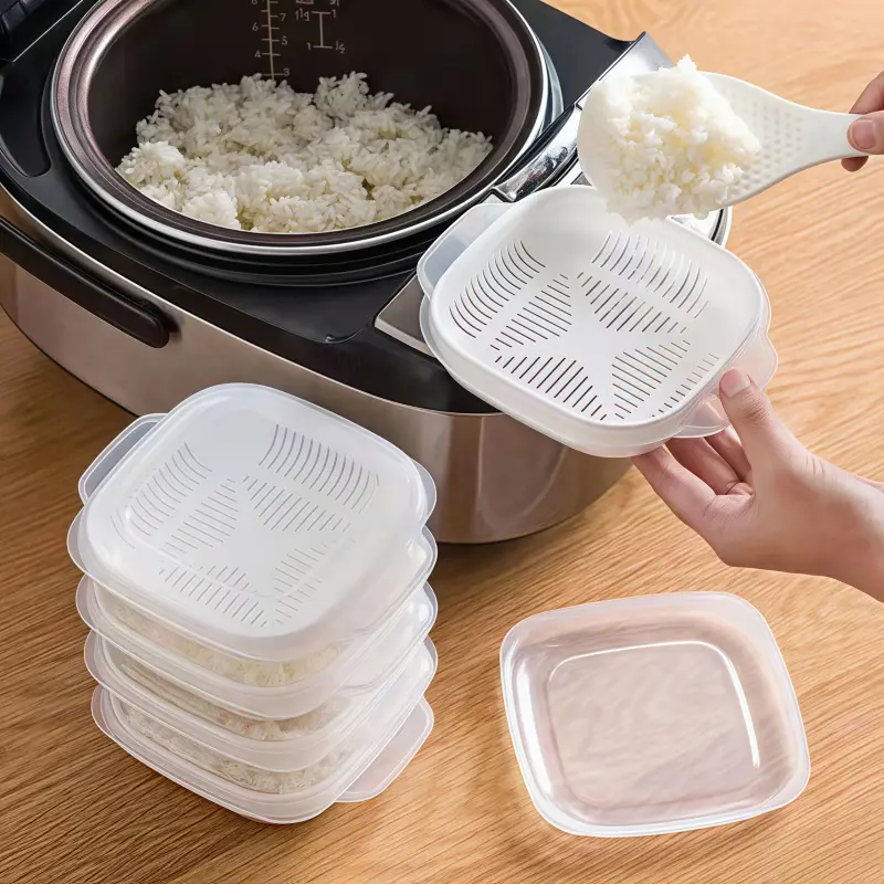6pcs Freezer Rice Containers, Stackable Containers, with Leak-Proof Seal and Removable Drain Basket, Suitable for Fruits, Vegetables, Rice, Microwave Safe, Portable Food Storage Box for Outings, Refrigerator Storage Organizer