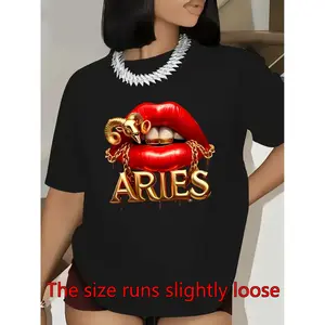 Women's Aries Zodiac Sign T-Shirt - Bold Red Lips & Aries Lettering, Astrology-Themed Casual Round Neck Short Sleeve Top, Medium Stretch Black Tee for Aries Women, Gift for - Wear