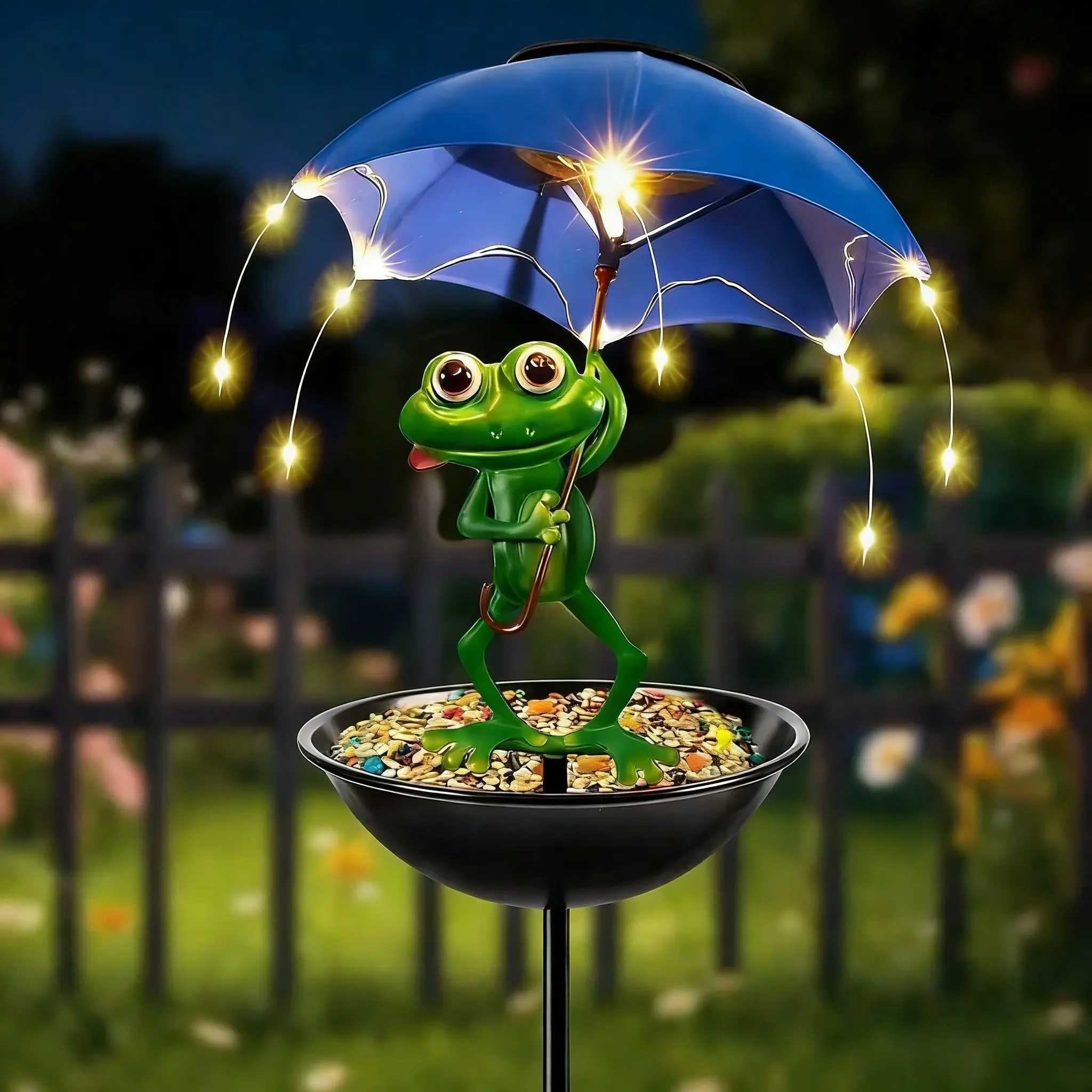 Solar Powered Frog Design Garden Decor, Creative Garden Decor with Umbrella & Bird Feeder, Outdoor Decorative Light for Garden, Lawn & Passage, Solar Garden Lights, Solar Pathway Lamp, Yard Lighting, Solar Garden Lamps, Outdoor Decoration Light