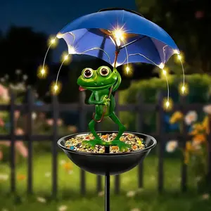Solar Powered Frog Design Garden Decor, Creative Garden Decor with Umbrella & Bird Feeder, Outdoor Decorative Light for Garden, Lawn & Passage, Solar Garden Lights, Solar Pathway Lamp, Yard Lighting
