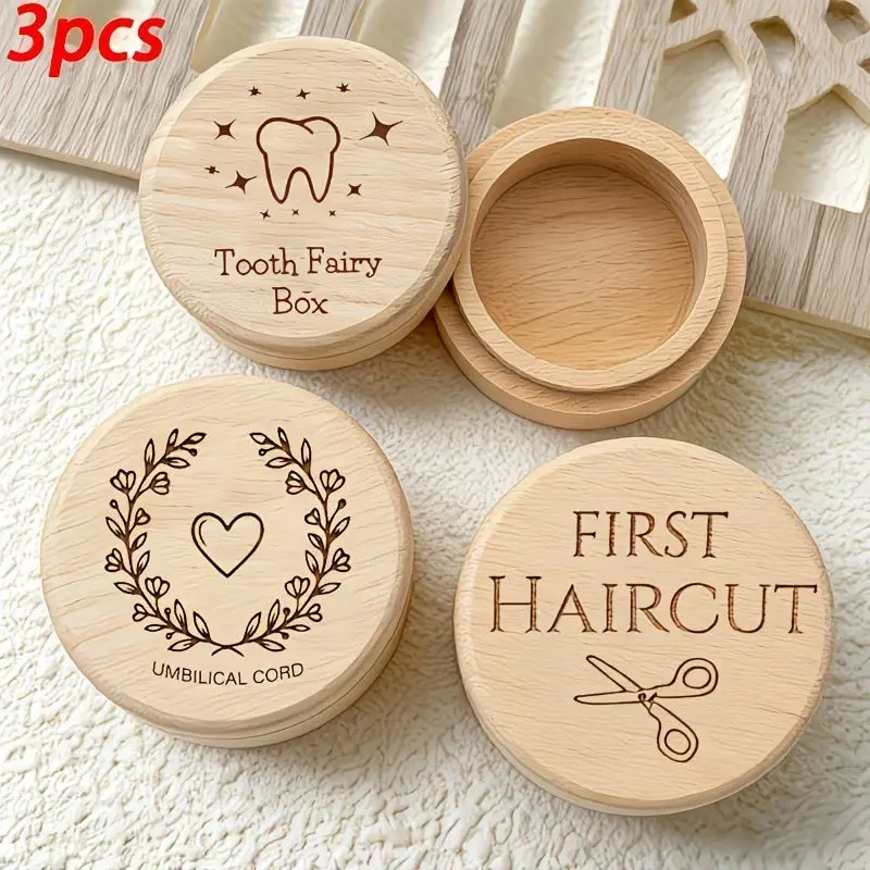 3-piece wooden storage box set, Containers set, including tooth fairy box, 'first haircut' commemorative box, umbilical cord box, fetal hair collection box, newborn souvenir, home decoration