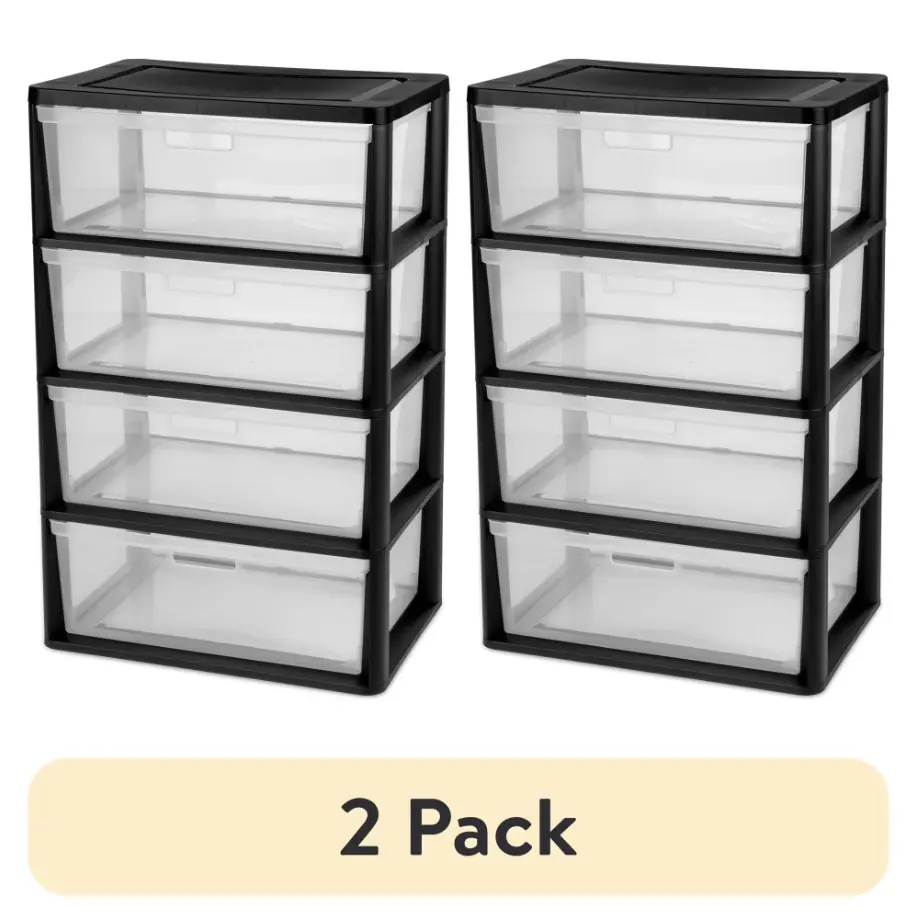 (2 pack) Sterilite Wide 4 Drawer Tower, Plastic Storage Organizer with Removable Clear Bins, Easy Assembly, No Tools Needed, Black