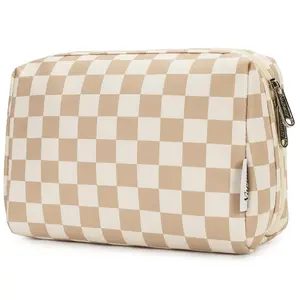Checkered Makeup Bag Travel Cosmetic Bag Organizer Toiletry Bag Make Up Bags with Compartments for Women Girls (Large, Light Checkerboard)