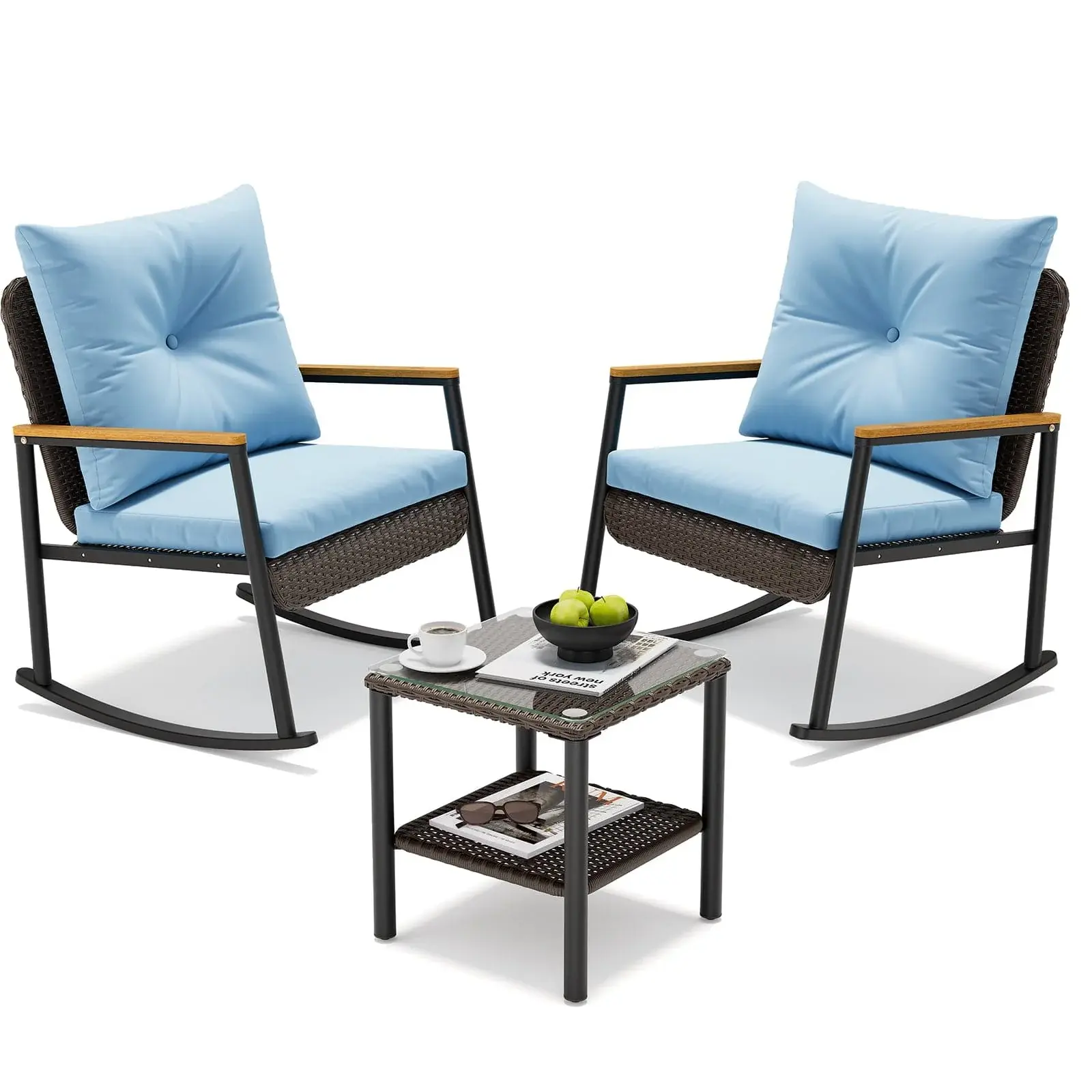 3 Piece Patio Bistro Set with Thick Cushions and 2-Tier Glass Coffee Table Lake Blue, Patio Furniture Sets, Porch Furniture Set