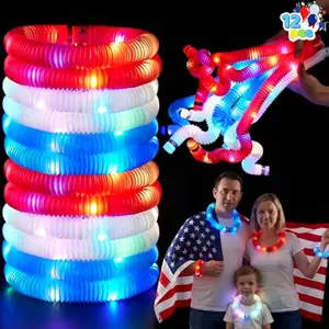 12 PCS 4th of July Red White Blue Glow Sticks & Light Up Pop Tubes, Patriotic Glow Toys Light up Bracelet Necklace, Independence Day Party Favors Supplies for Parade, Camp Games & Activities