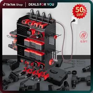 TRZZ Men's Room Accessories Portable Tool Storage Rack with 8-Port Power Strip 3-Layer Tool Gun Rack Saw Blades Drill Bits Cordless Drill Fixture Storage Box Tool Holder Gift Heavy Duty