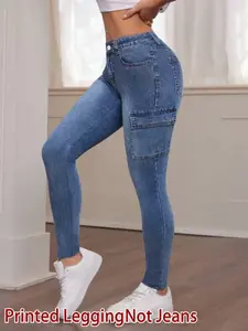Women's Printed Skinny Jeans, Casual Everyday Fake Denim Style, Elastic Stretchy Material, All-Season Wear, Versatile Design, Pants