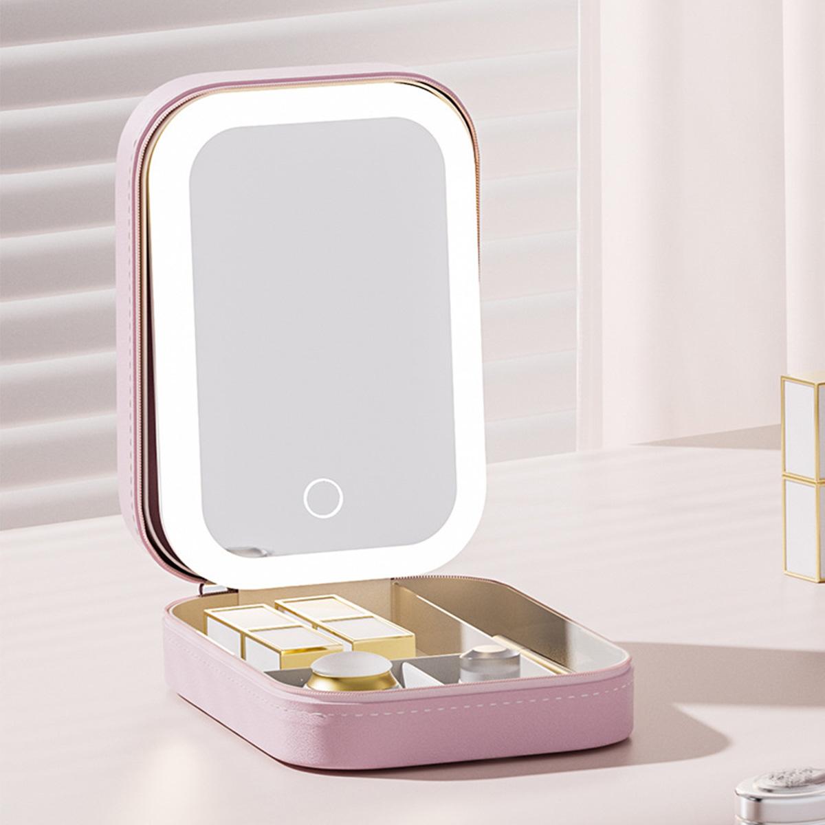 Portable Large Capacity Makeup Bag with LED Mirror, Adjustable Brightness LED Light Cosmetic Storage Containers Set, Travel Makeup Organizer