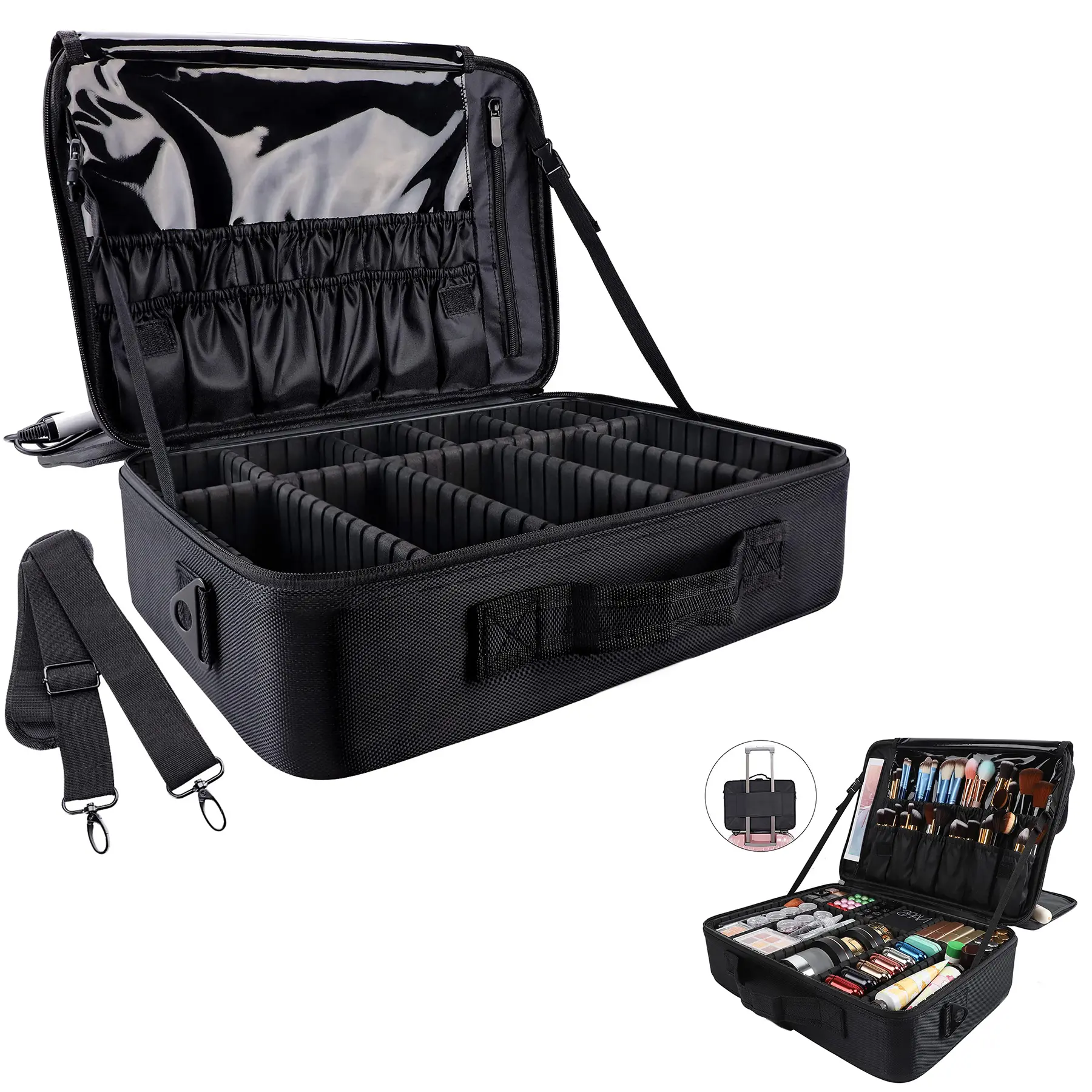 Large Capacity Travel Makeup Train Case, Makeup Organizer Pouch, Portable Cosmetics Brushs Organizer Storage Bag With Adjustable Dividers And Shoulder Strap, daily storage, Makeup Containers, suitable for travel and business trips