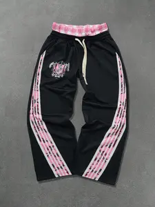 Men's Athletic Wide Leg Track Pants, Tricot Joggers with 3-Stripe Side & Emblem Design, Loose Fit for Casual Gym Lounge