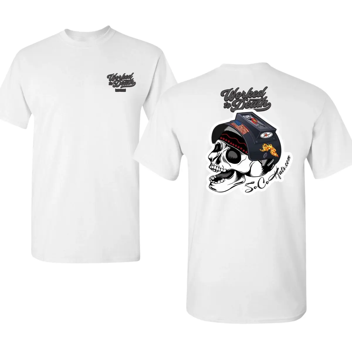 Worked to Death Welding T-Shirt with 2 Sides Graphic, Skull in Welding Helmet Back Print with Patriotic Details, Front Worked to Death Logo, Soft Cotton Blend Shirt, Industrial Streetwear Apparel for Men and Women, Gift for Welders and Metalworkers summer