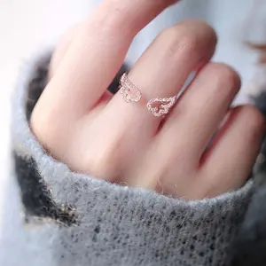 Women's Open Winged Angel Wings Artificial Gemstone Ring - Micro-Inlaid Zircon, Adjustable Fit, Daily Wear for Index or Pinky Finger