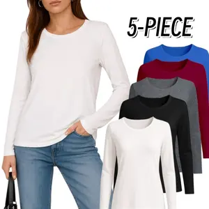 Women's 5-Piece Long-Sleeved T-Shirts Round Neck Crewneck Black White Grey Blue Red Minimalist Milk Silk Fabric Comfortable Breathable Casual Style Spring Summer Autumn Top Wear affordable  basics